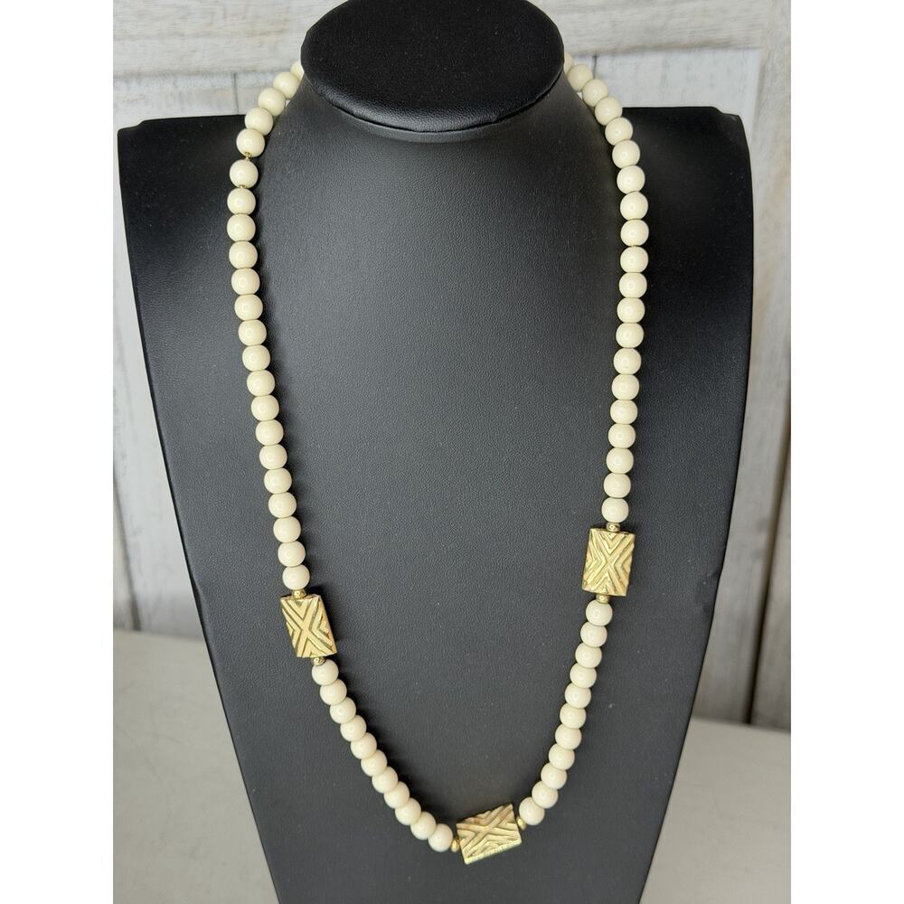 Vintage Napier Beaded Chain Necklace Two Tone Metal Rectangles Cream 80s